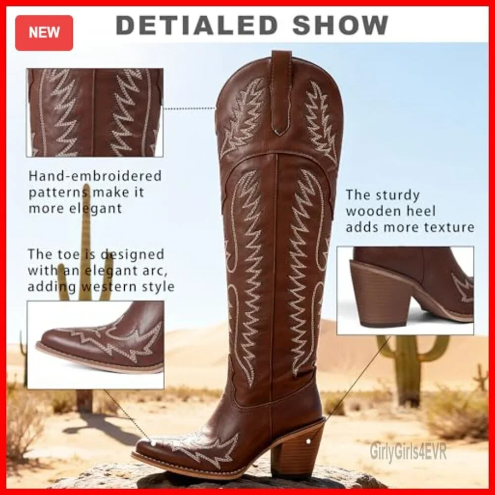 Leather Over-the-Knee Cowboy Boots with Chunky Heel Slip-On Zipper